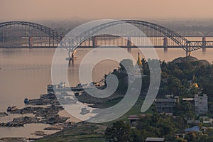 Bridge over Ayeyarwady River at sunset, Sagaing region, Myanmar