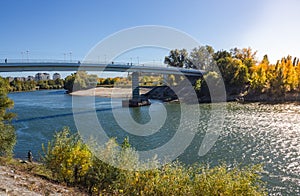 Bridge over the big river. Landscape with river Dniester. Transdniestria. Tiraspol.