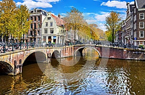 Bridge over channel in Amsterdam Netherlands houses river Amstel