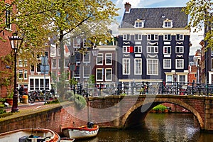 Bridge over channel in Amsterdam Netherlands houses river Amstel