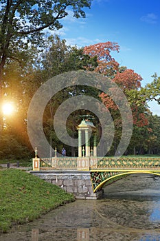 Bridge over the channel overgrown with a duckweed. Catherine Park. Pushkin Tsarskoye Selo. Petersburg