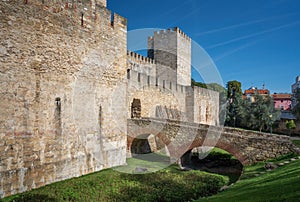 Bridge over dry moat of Saint Georges Castle Castelo de Sao Jorge - Lisbon, Portugal