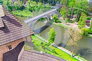 Bridge over Eger river top aerial view from walls of Loket Castle Hrad Loket