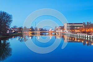 Bridge over Elblag canal at night