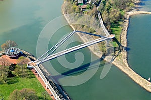 Bridge over the entrance to the Media Harbor near Duesseldorf - aerial view