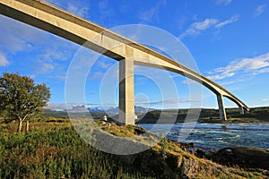 Bridge over the fjord of the whirlpools of the maelstrom of Saltstraumen, Nordland, Norway, Scandinavia