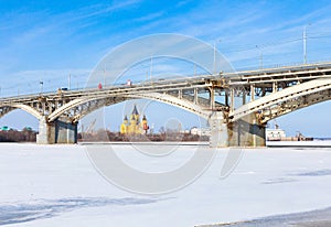 Bridge over the frozen river Oka