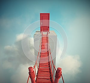 Bridge over gap a closed red door