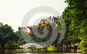 Bridge over the garden pond at Liberty Square, Taipei, Taiwan