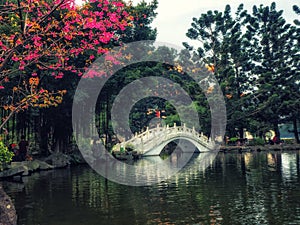 Bridge over the garden pond at Liberty Square, Taipei, Taiwan