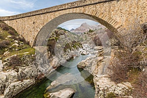 Bridge over Golo river with Mount Albanu in distance