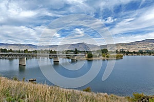 Bridge over the Kawarau River and Lake Dunstan in the township of Cromwell, Central Otago, New Zealand