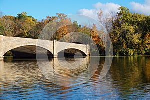 Bridge over Lake carnegie in Princeton, NJ in the fall