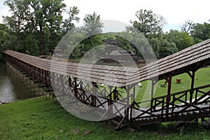 Bridge over Little Danube near Watermill with museum in Kolarovo, Slovakia