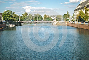 Bridge over Odra river in Wroclaw, Poland. Sunny summer afternoon