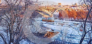 a bridge over the Oka River, floating ice floes