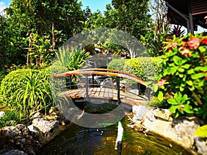 The bridge over the pond with fountain and small waterfall. The