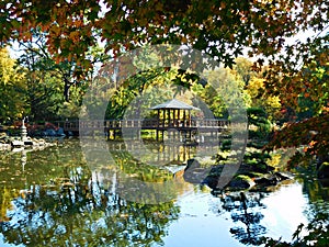 A bridge over a pond in the Japanese Garden in autumn, Wroclaw, Poland