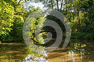 Bridge over pond with trees around in park of Pszczyna castle in Poland