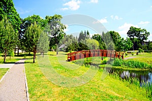 Bridge over pond in Viesintos village Anyksciai district