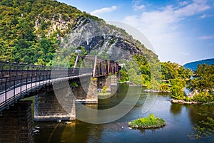 Bridge over the Potomac River and view of Maryland Heights, in H