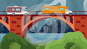 Bridge over river or lake with autos of travelers vector illustration.