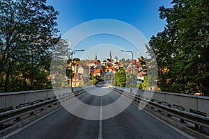 Bridge over the river Luznice and the city of Tabor in the background. Czechia