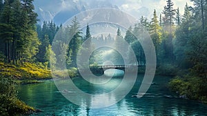 A bridge over a river in the middle of a forest