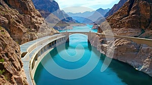 A bridge over a river in the middle of mountains, AI