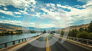 A Bridge Over a River with Mountains and a Blue Sky with White Clouds