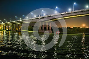 Bridge over the river at night. The lights on the bridge. Voroshilov bridge. Rostov-on-don