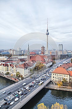 Bridge over river Spree, TV-tower and Rotes Rathaus in Berlin