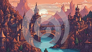 bridge over the river at sunset anime A pixel art illustration of a fantasy cityscape at dawn with castles, castle