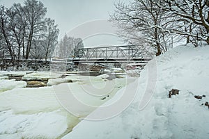 Bridge over the river, winter landscape. Snowy. Helsinki, Finland Vanhakaupunki