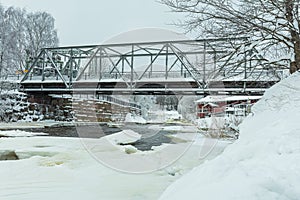 Bridge over the river, winter landscape. Snowy. Helsinki, Finland Vanhakaupunki