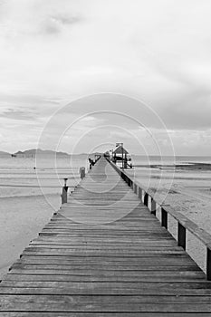 Bridge over the sea during ebb tide in black and white