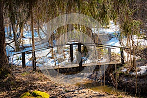 A bridge over a stream in a forest in a spring forest