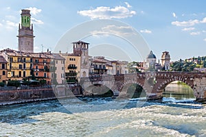 Bridge over the Verona river with ancient town in the background