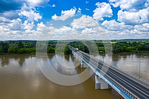 Bridge over Vistula river in Annopol, Poland. Aerial view of Vistula river, the longest river in Poland