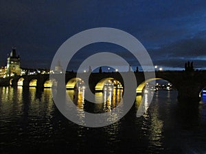 Bridge over the Vltava river at night, Prague, Czech Republic.