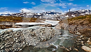 Bridge over a wild mountain river, snowy mountains in background