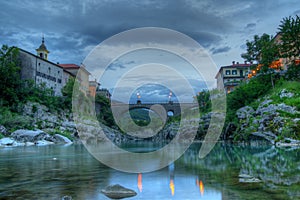 Bridge ovre Soca river in Kanal at dawn