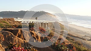 Bridge on pacific coast highway, Torrey Pines beach sunset, California road trip