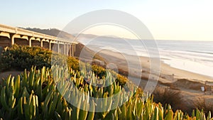 Bridge on pacific coast highway, Torrey Pines beach sunset, California road trip