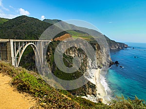 Bridge on Pacific rocky coast of California