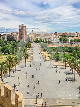 Bridge with park and city view sky line of a spanish city