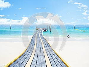 Bridge Plastic Pontoon on Sand Beach Sea with Blue Sky, Walk Way on Water to Boat of People Toursim Travel Summer Tropical Holiday