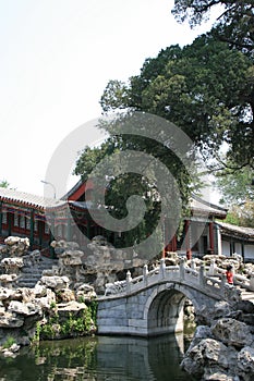 bridge, pond and gallery in the beihai park in beijing (china)
