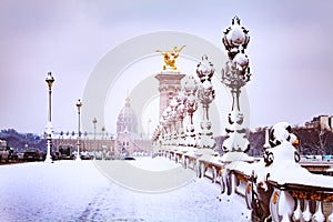 Bridge Pont Alexandre III winter snow fairytale