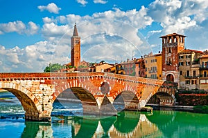 Bridge Ponte Pietra in Verona on Adige river